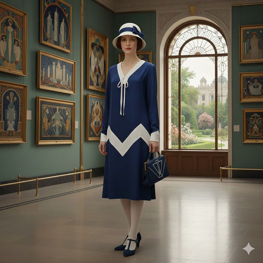 Art Deco dress in dark blue rayon blend with white zig zag detail