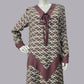 Art Deco dress in dark brown print rayon with mauve zig zag detail