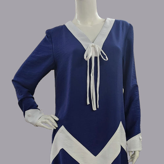 Art Deco dress in dark blue rayon blend with white zig zag detail - a 1920s inspired dress