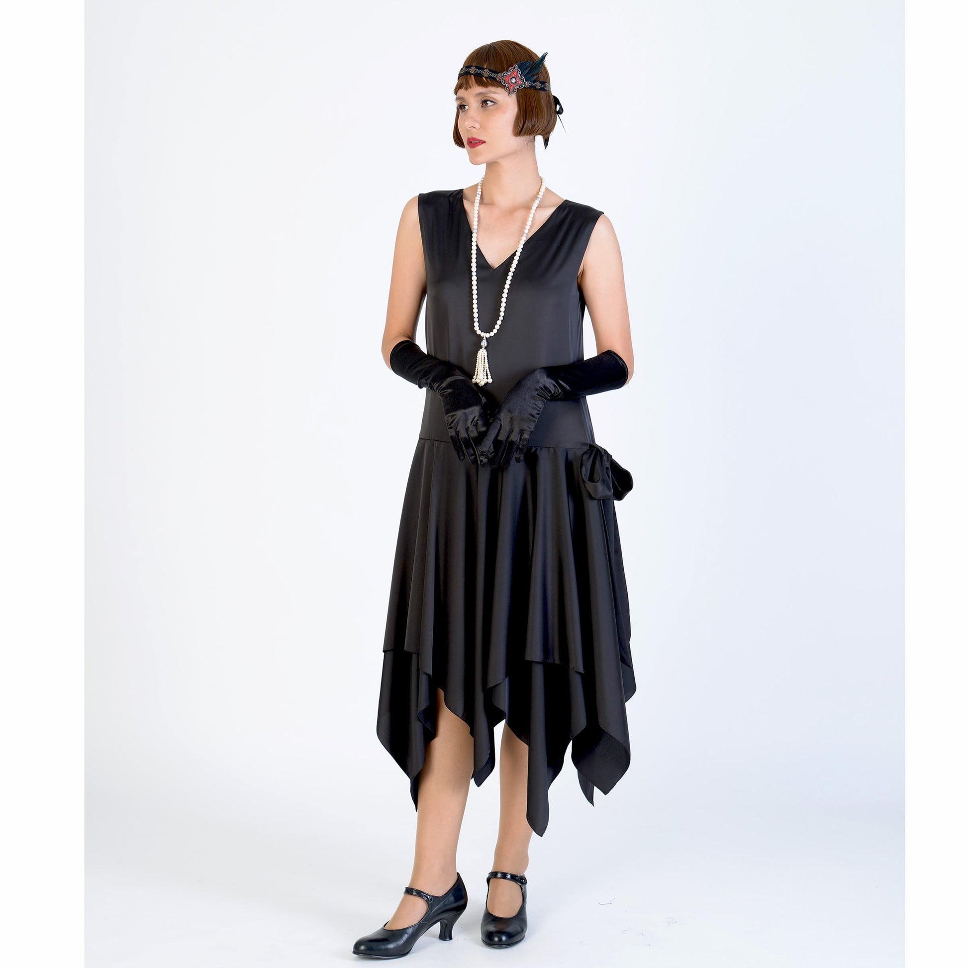 Black 1920s satin evening dress with handkerchief skirt LaVieDelight Black 1920s satin evening dress with handkerchief skirt LaVieDelight