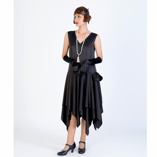 Black 1920s satin evening dress with handkerchief skirt - a vintage-inspired Roaring Twenties dress