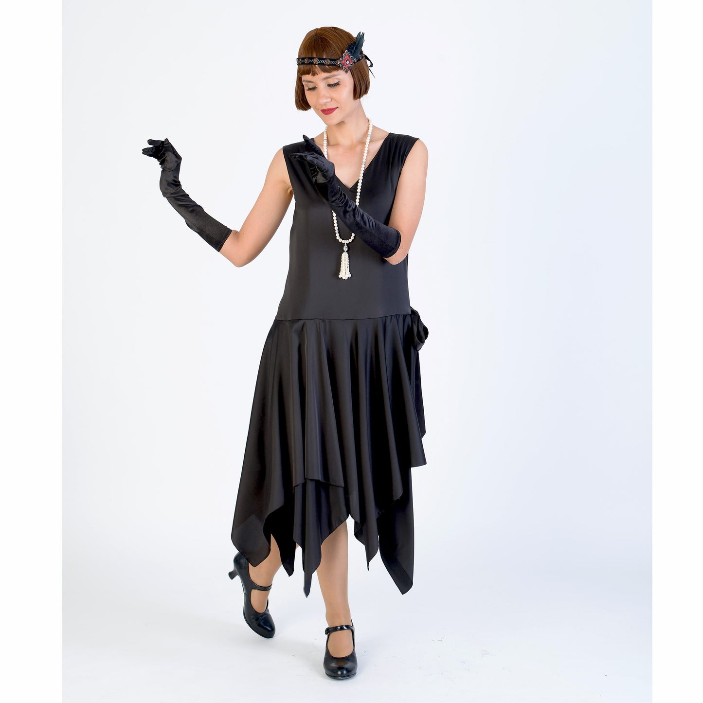 Black 1920s satin evening dress with handkerchief skirt