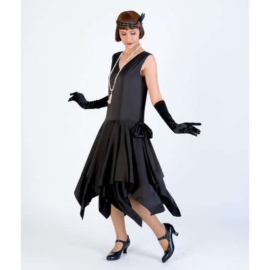 Black 1920s evening dress of satin with handkerchief skirt - a vintage-inspired Roaring Twenties dress