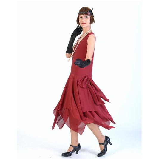 1920s chiffon party dress with handkerchief skirt in maroon red - a Roaring Twenties dress