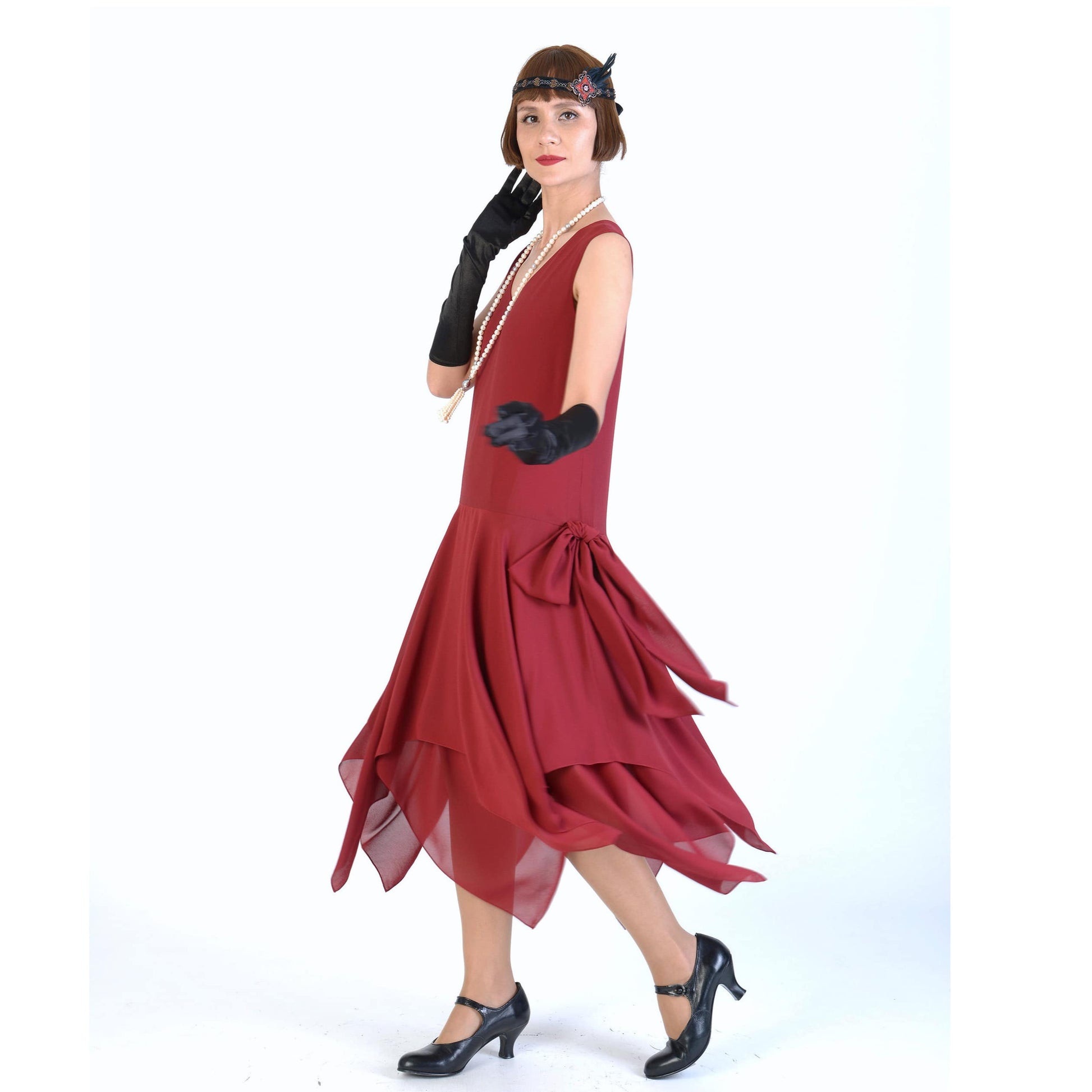 1920s evening dress with handkerchief skirt made of maroon red chiffon, great as a Charleston dance dress.