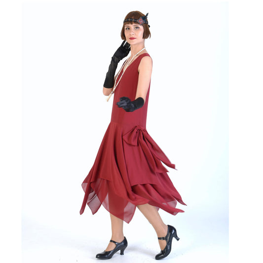 Maroon red 1920s party dress of chiffon with handkerchief skirt