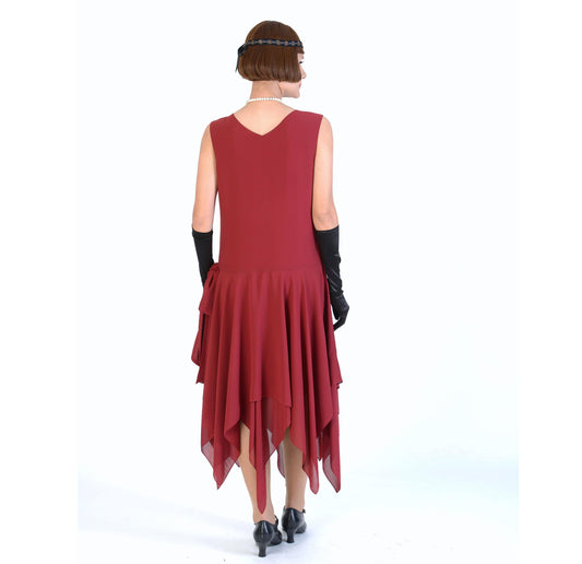 This 1920s evening formal dress, or Charleston dance dress or Great Gatsby party dress,  with handkerchief skirt is made of maroon red chiffon.