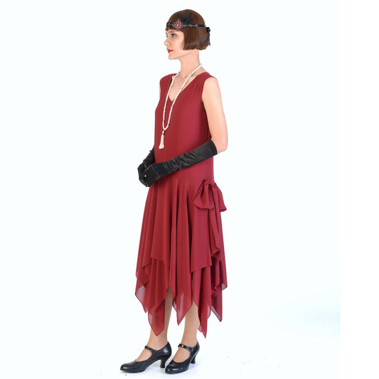 Maroon red 1920s party dress of chiffon with handkerchief skirt - a vintage-inspired Roaring Twenties dress