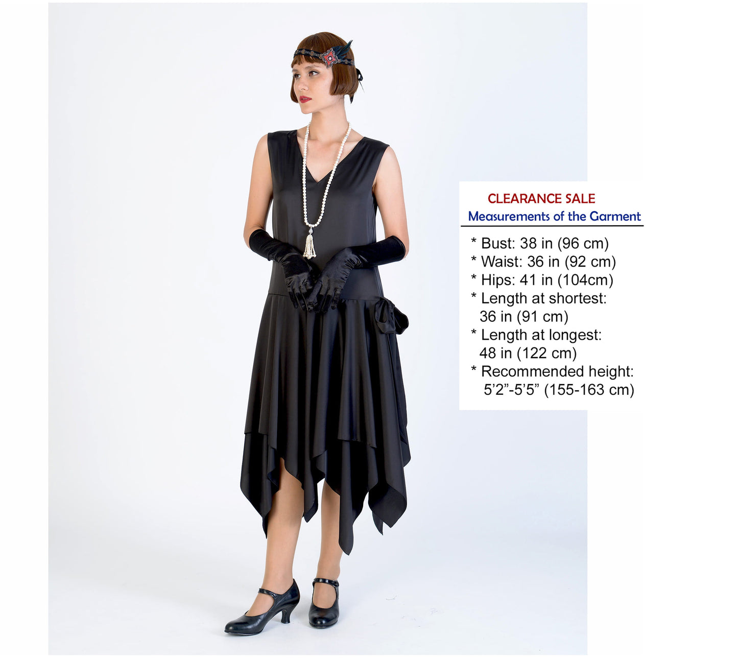 CLEARANCE: Black 1920s satin evening dress with handkerchief skirt