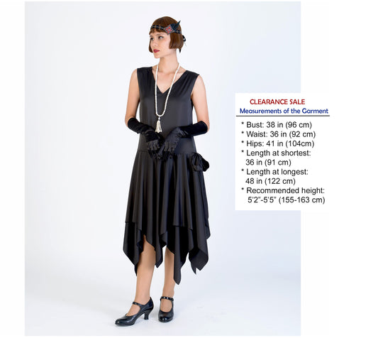 CLEARANCE: Black 1920s satin evening dress with handkerchief skirt