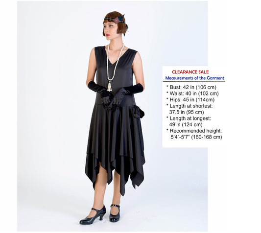CLEARANCE: Black 1920s evening dress of satin with handkerchief skirt