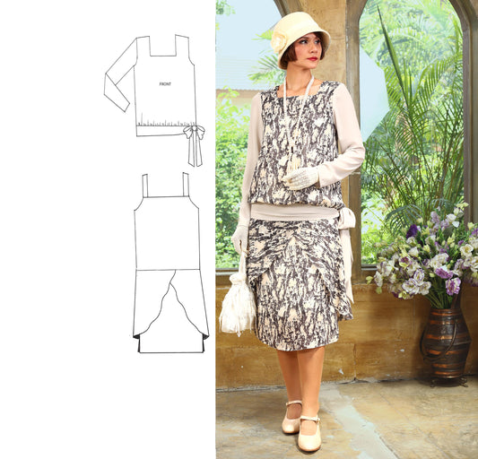 1920s two-piece outfit in printed black and linen colored chiffon - a vintage-inspired Roaring Twenties dress