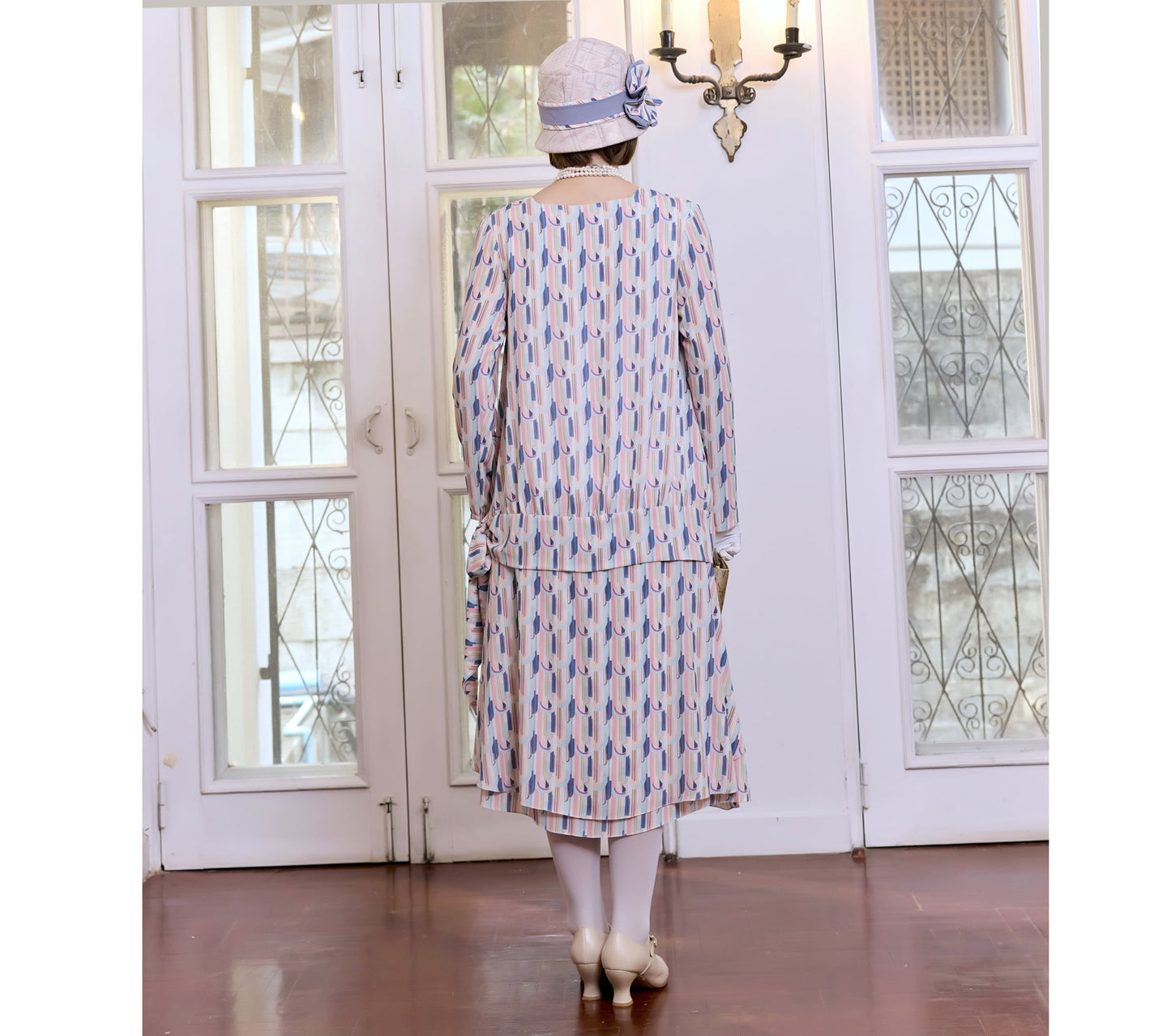 2-piece chiffon 1920s dress with art deco print and long sleeves