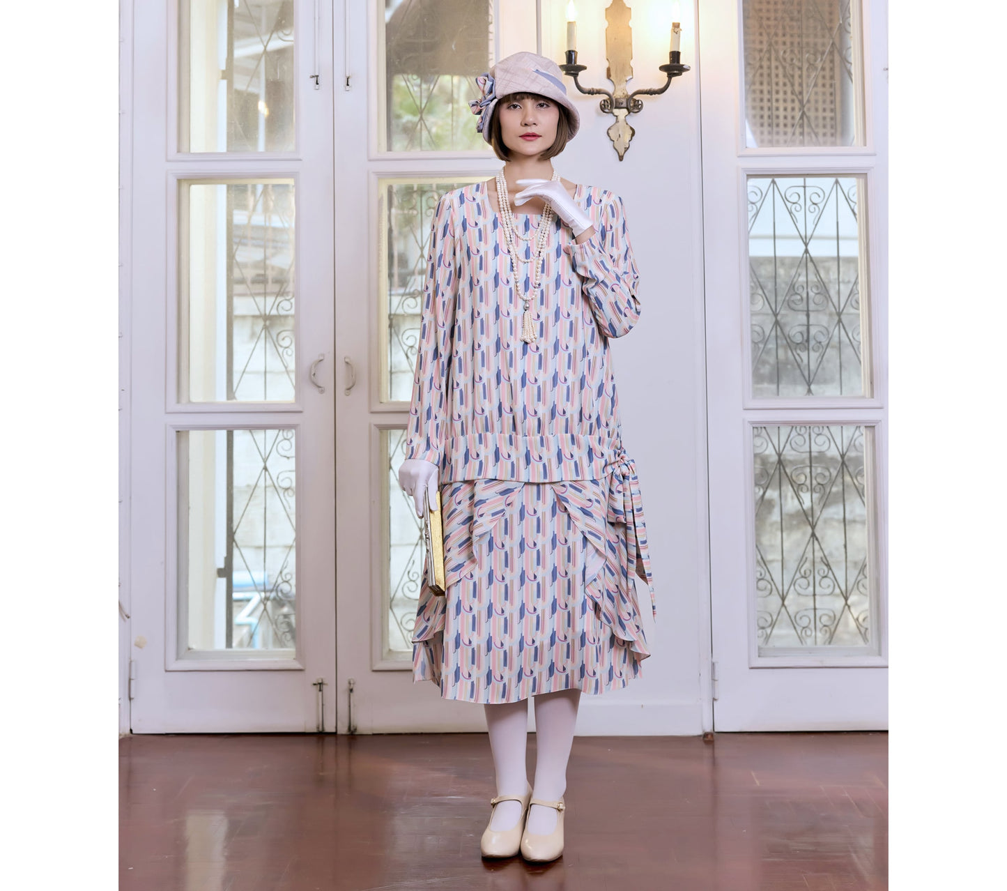 2-piece chiffon 1920s dress with art deco print and long sleeves - a Roaring Twenties dress