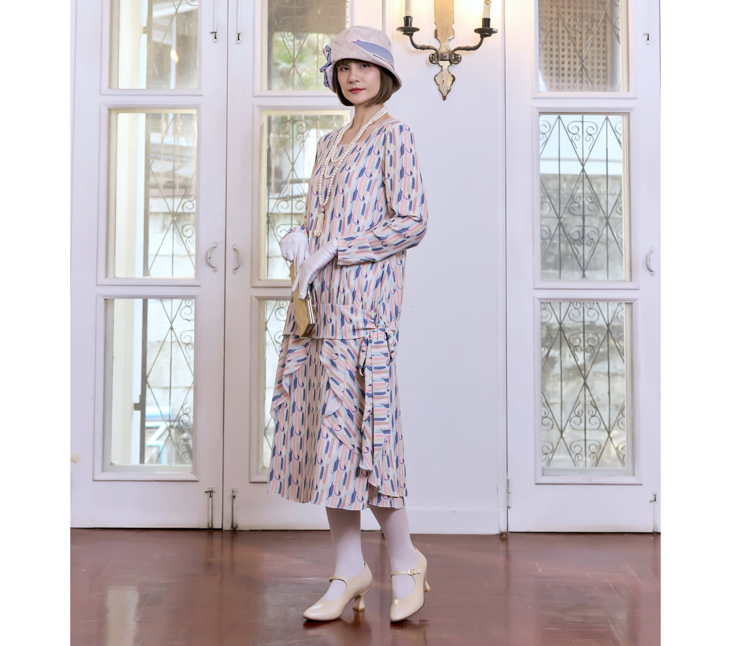 2-piece chiffon 1920s dress with art deco print and long sleeves