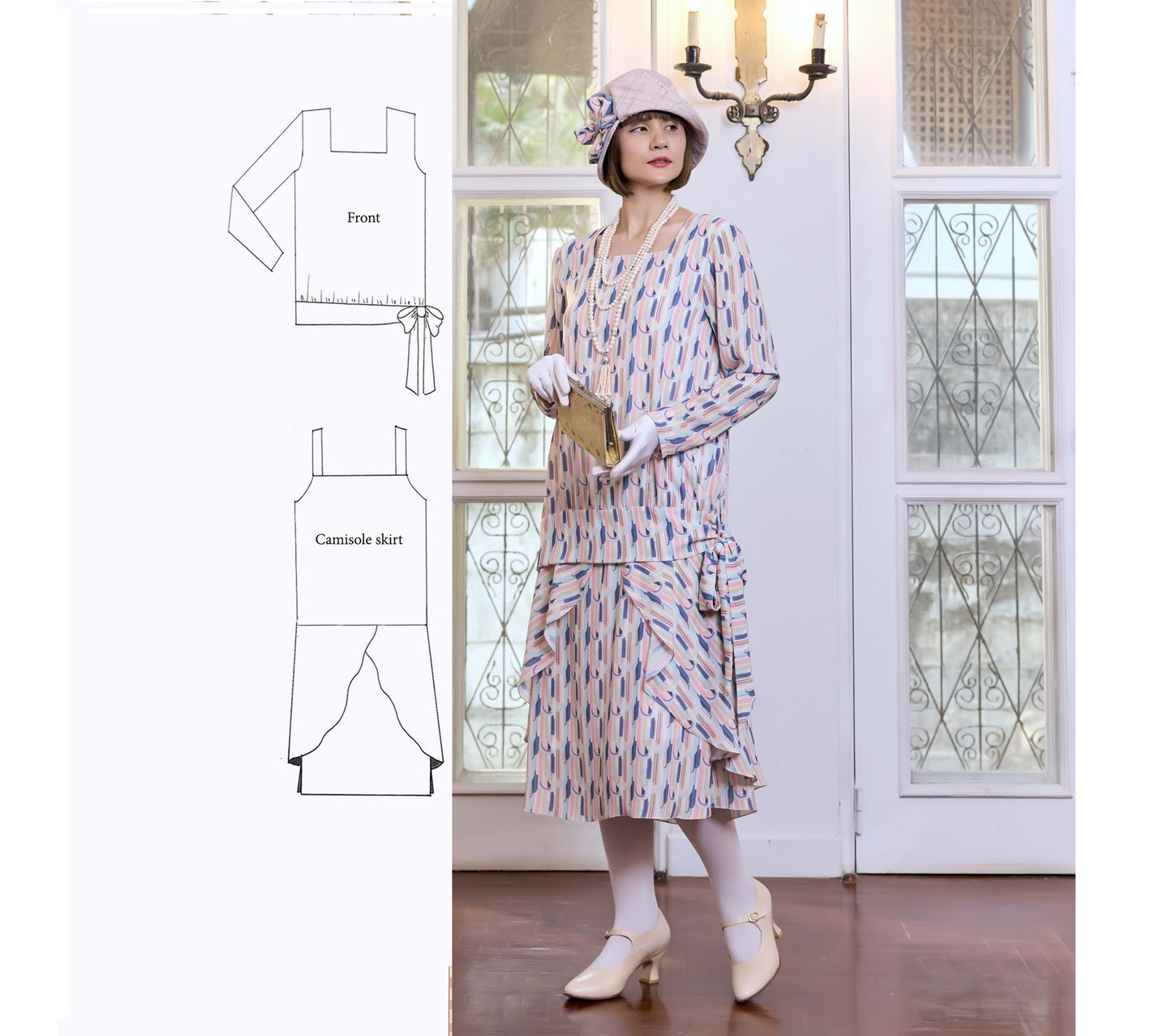 2-piece chiffon 1920s dress with art deco print and long sleeves - a Great Gatsby garden party dress