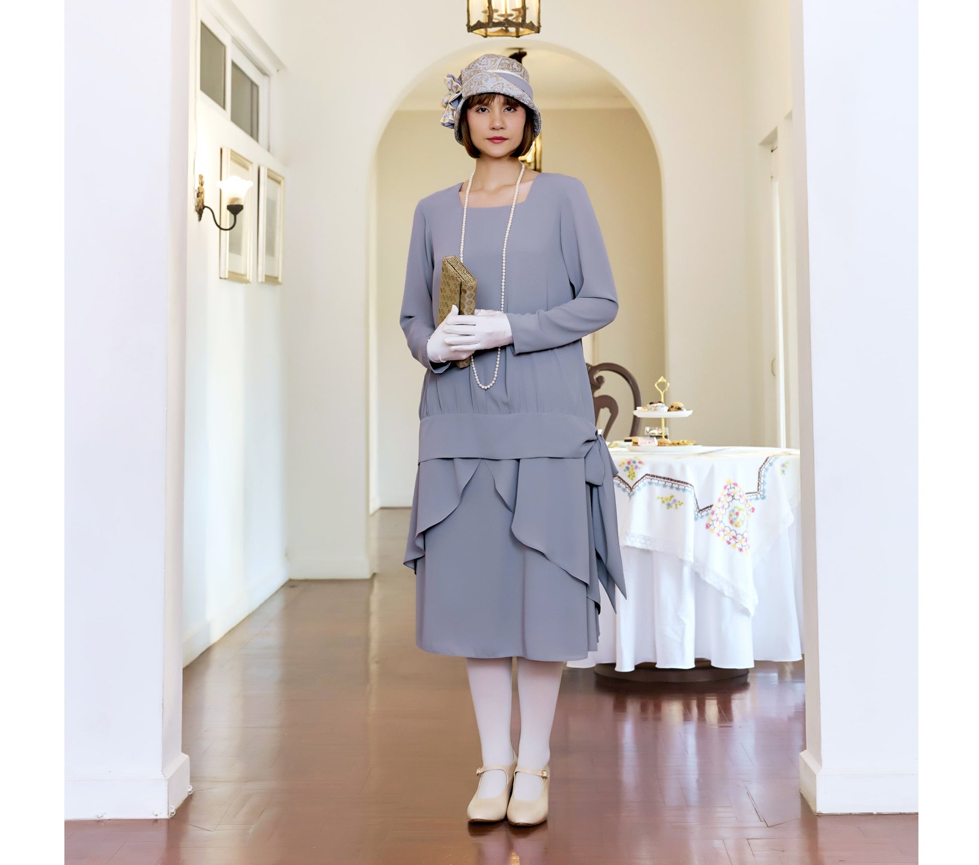 1920s reproduction dress in grey with long sleeves - a Downton Abbey dress