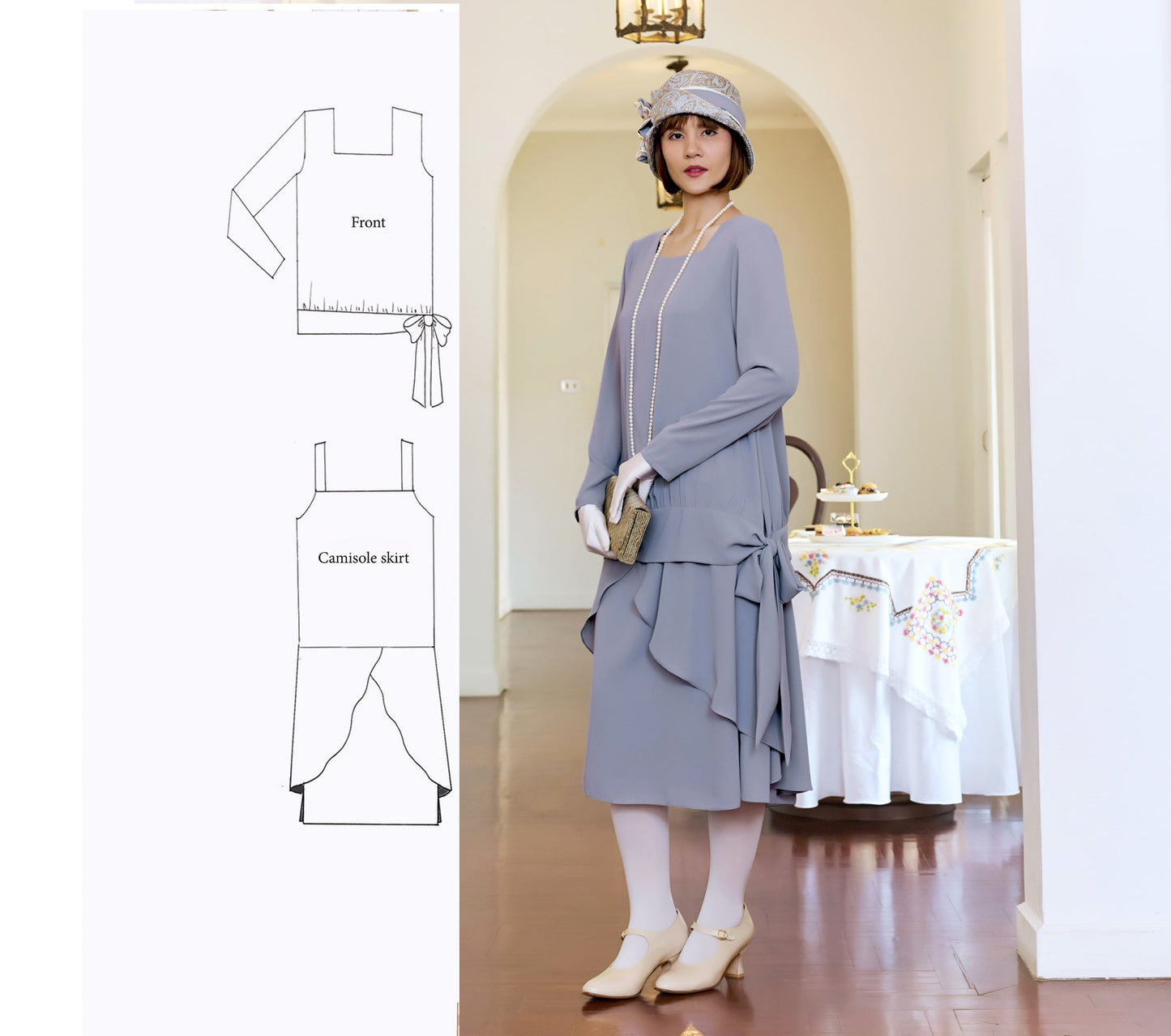 1920s reproduction dress in grey with long sleeves - a Gatsby day dress