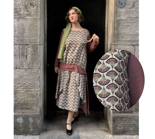 Two-Piece 1920s Dress in Fan Deco Brown Print with Dark Mauve Contrasts - close up of the print
