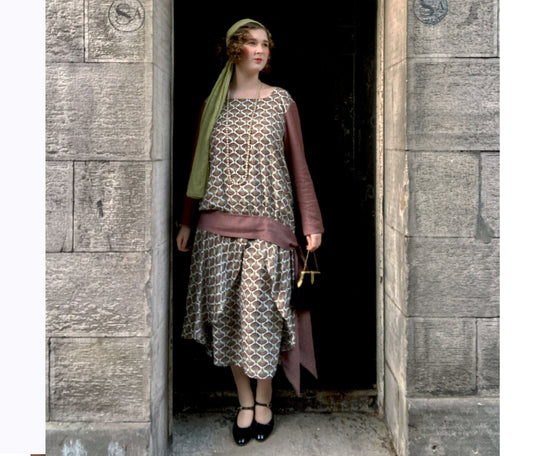 Two-Piece 1920s Dress in Fan Deco Brown Print with Dark Mauve Contrasts - a Roaring Twenties dress