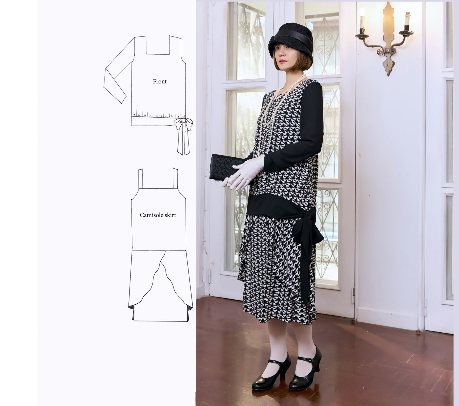 Black and white 2-piece 1920s dress with long sleeves - a Roaring Twenties dress