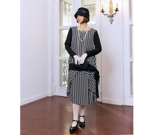 Black and white 2-piece 1920s dress with long sleeves - a Great Gatsby party dress