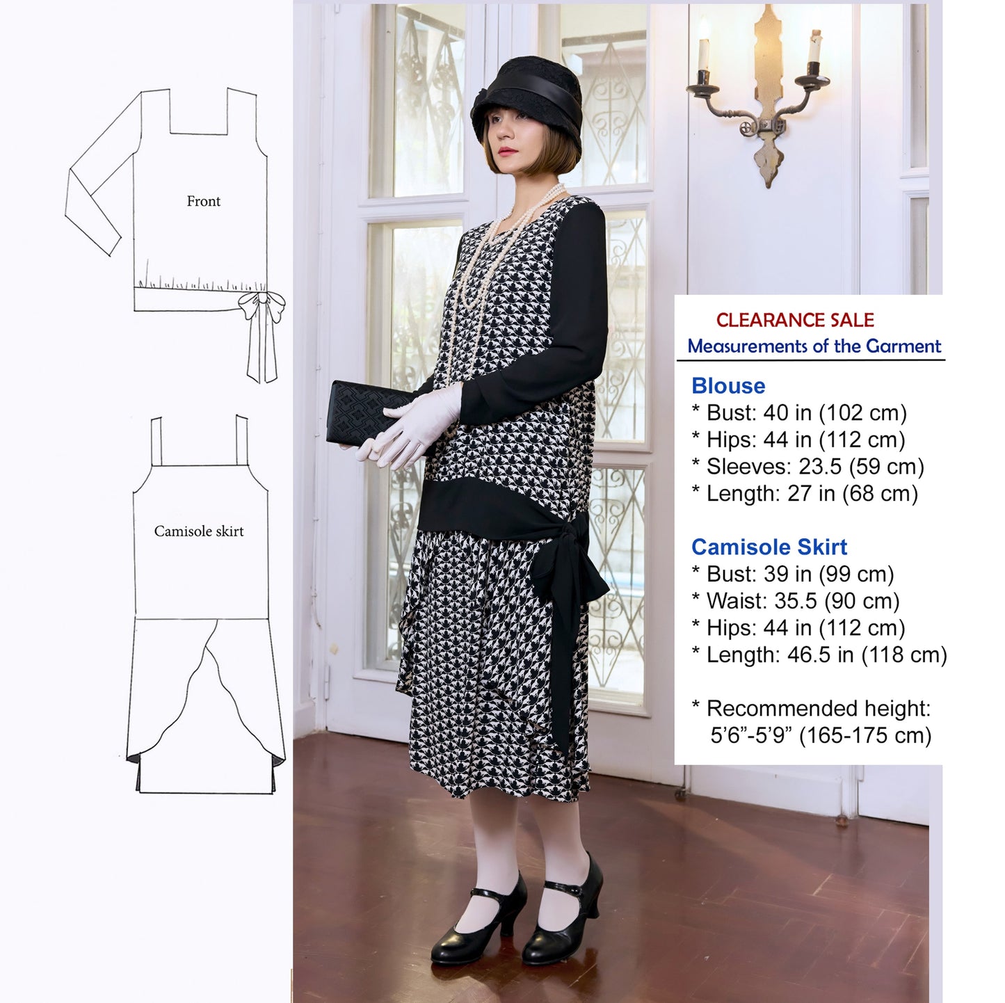 CLEARANCE: Black & white 2-piece 1920s dress with long sleeves
