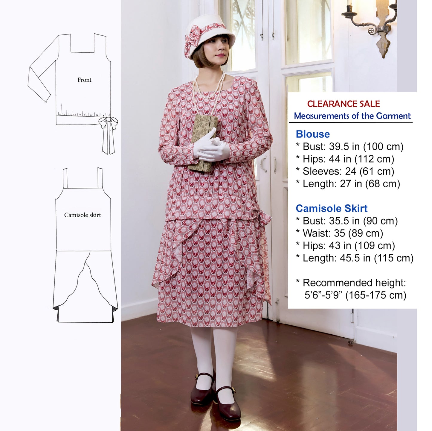 CLEARANCE: 2-piece Art Deco dress of red printed chiffon & long sleeves