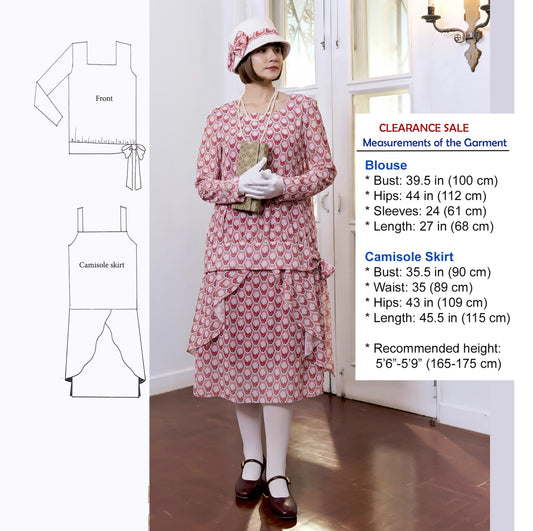 CLEARANCE: 2-piece Art Deco dress of red printed chiffon & long sleeves