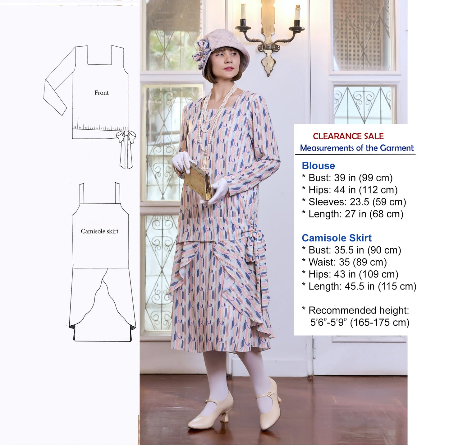 CLEARANCE: 2-piece chiffon 1920s dress with art deco print & long sleeves