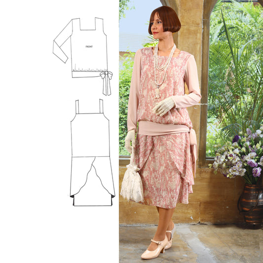 1920s Great Gatsby 2-piece set in printed mauve pink and nude - a Roaring Twenties dress