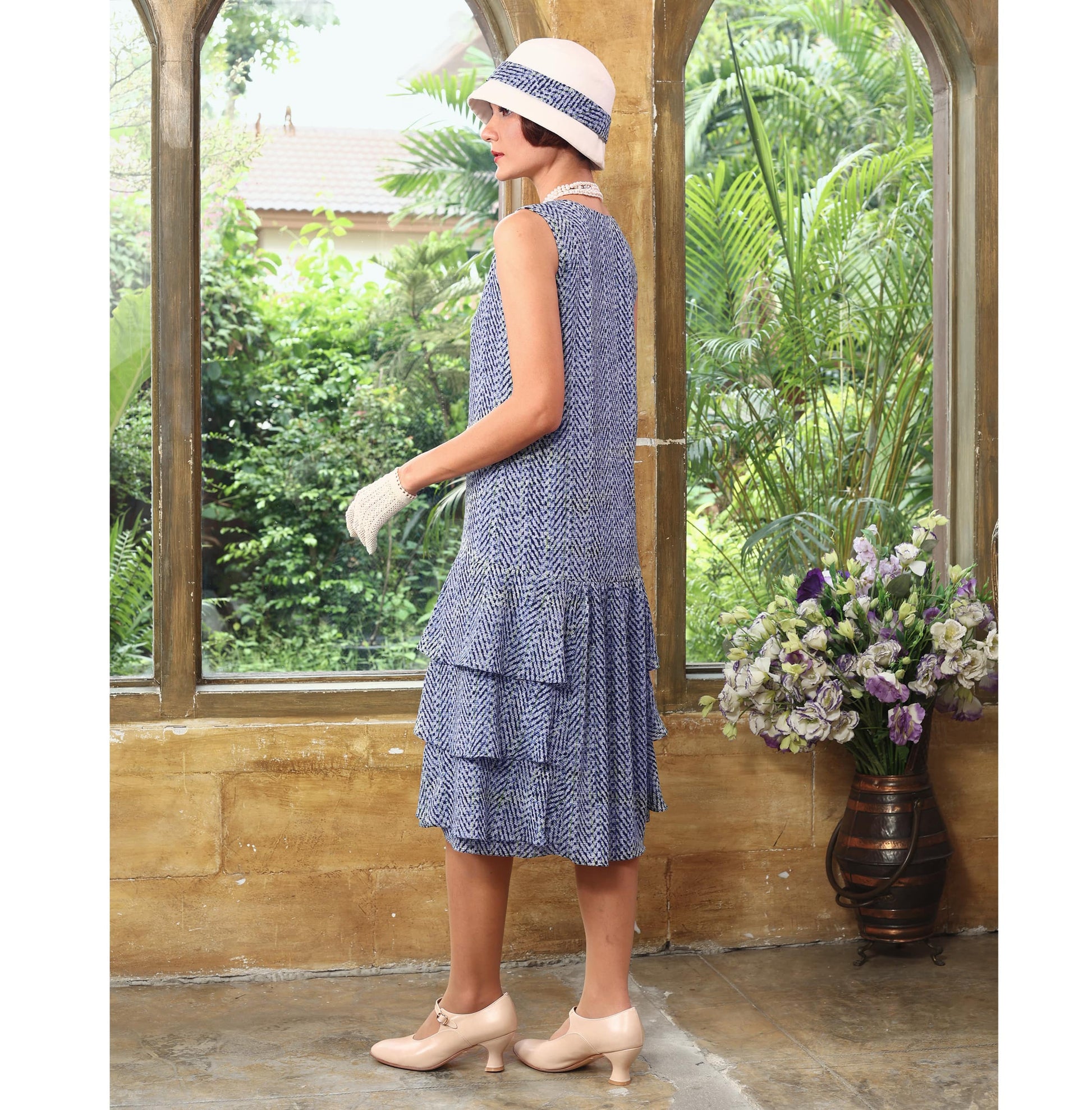 Great Gatsby party dress with tiered skirt in printed blue chiffon