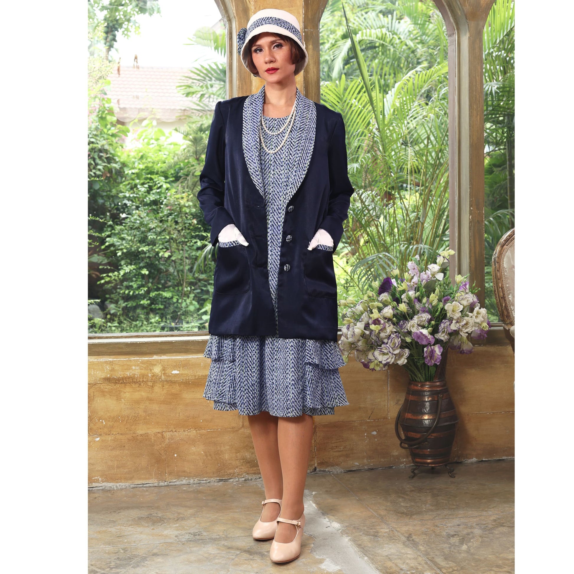 Navy blue Gatsby jacket - or 2-piece ensemble with matching dress - a vintage-inspired Roaring Twenties jacket/dress