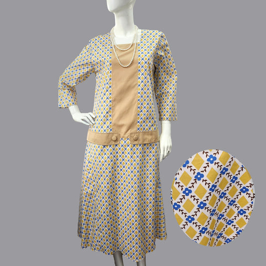 1920s dress in mustard diamond print and light-brown contrast panels