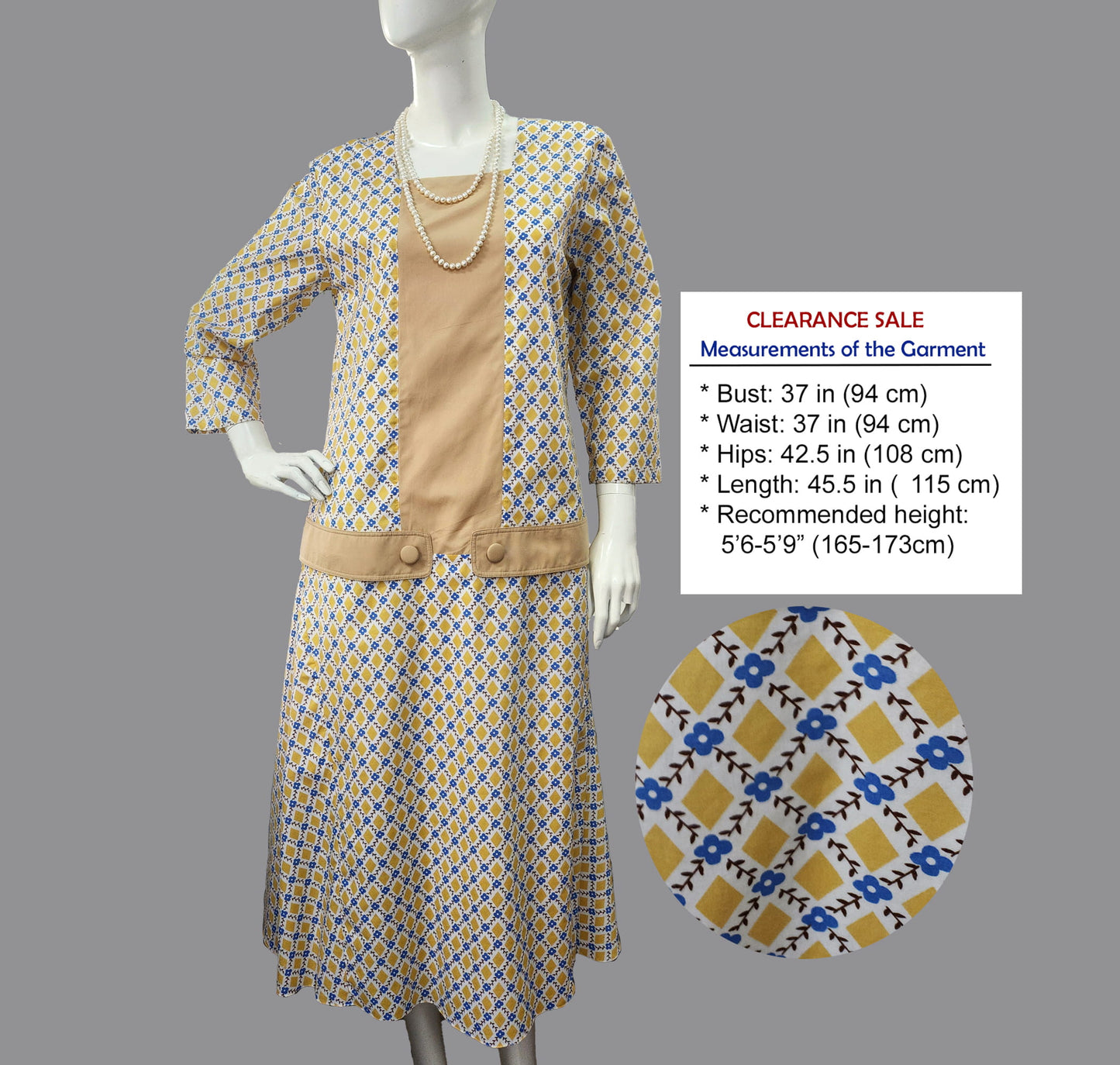 CLEARANCE: 1920s dress in mustard diamond print and light-brown contrast panels