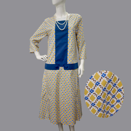 1920s dress in mustard diamond print and dark blue contrast panels