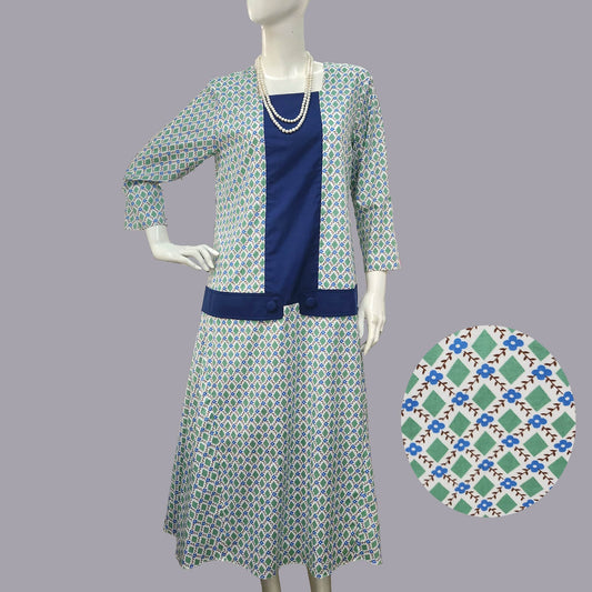 1920s dress in green & white diamond print and dark blue panels