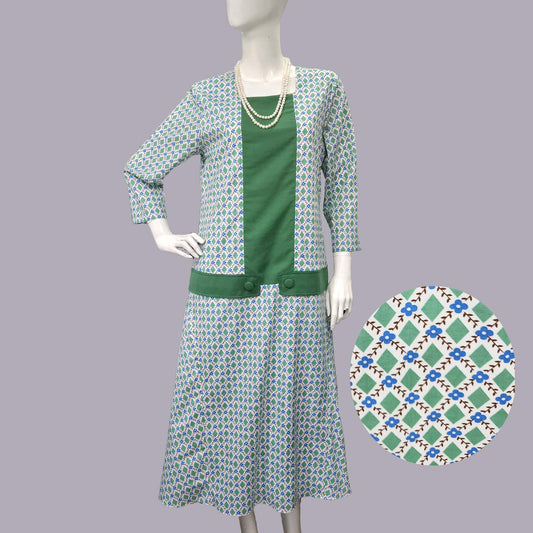 Cotton 1920s day dress in green & white diamond print and green panels