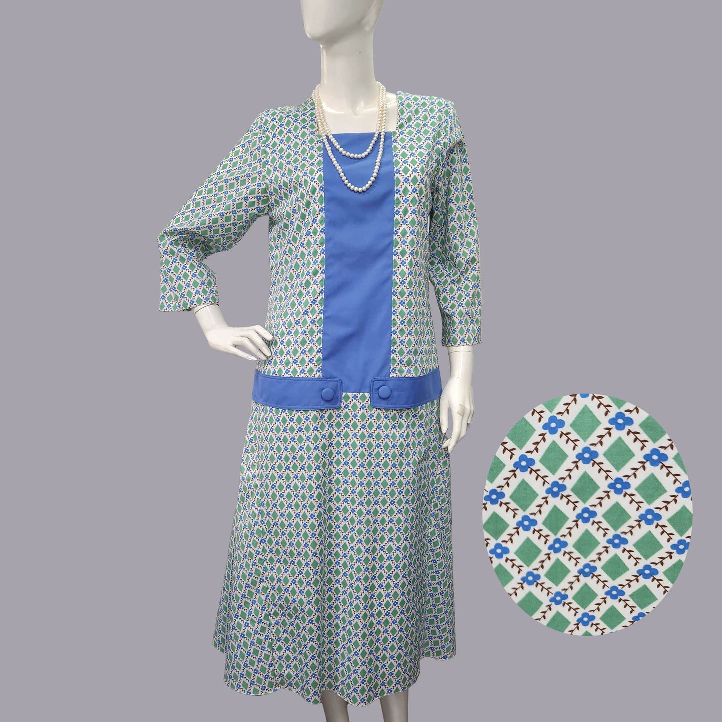 1920s dress in green & white diamond print and light blue panels