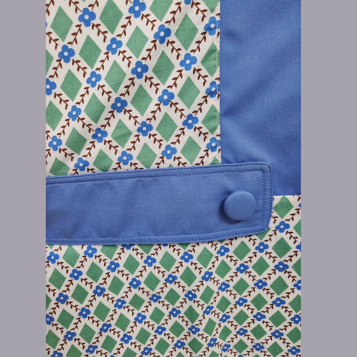 1920s dress in green & white diamond print and light blue panels