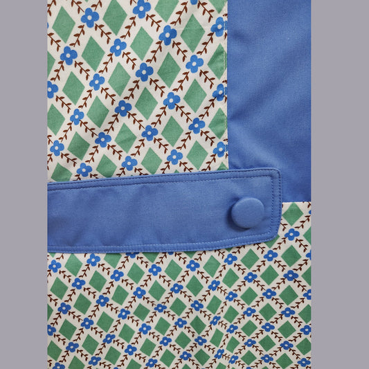 1920s dress in green & white diamond print and light blue panels