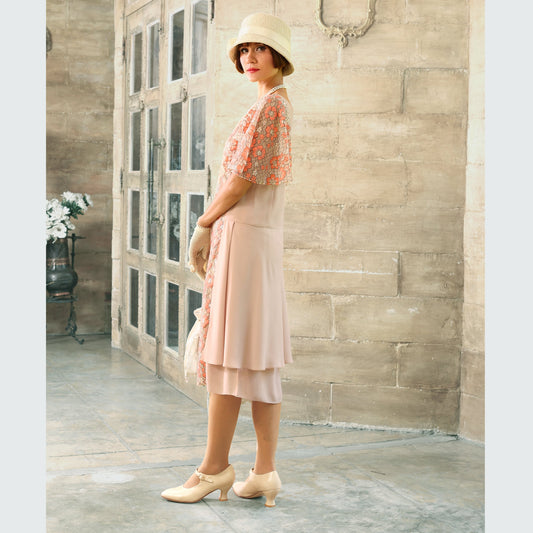 1920s high tea dress made of nude chiffon fabric and floral lace fabric in peach and orange. Can be worn as a Great Gatsby dress or Miss Mary dress.