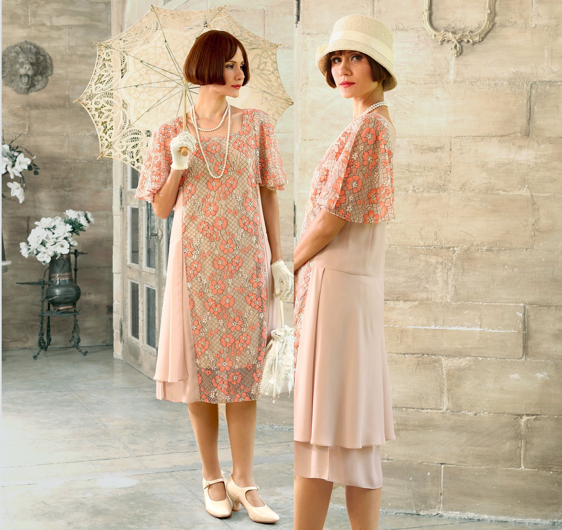 Nude and floral lace 1920s high tea dress - Main Image