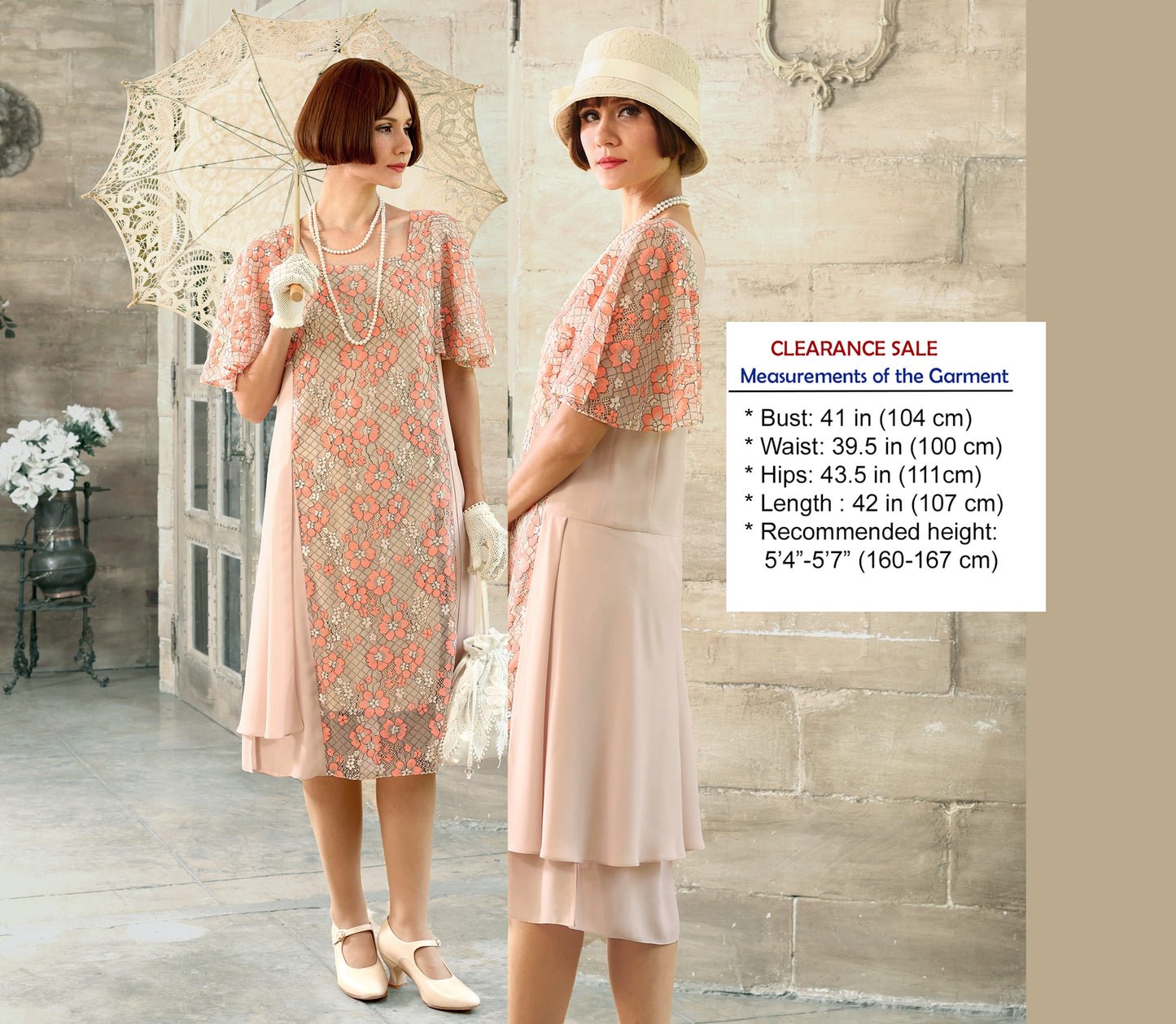 CLEARANCE: Nude and floral lace 1920s high tea dress