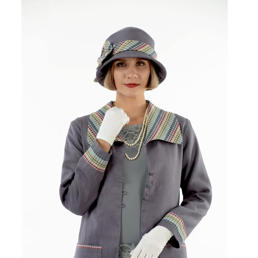 Muted dark grey linen Great Gatsby cloche hat. The 1920s hat can be worn as 1920s tea hat or a Jazz Age lawn party hat.