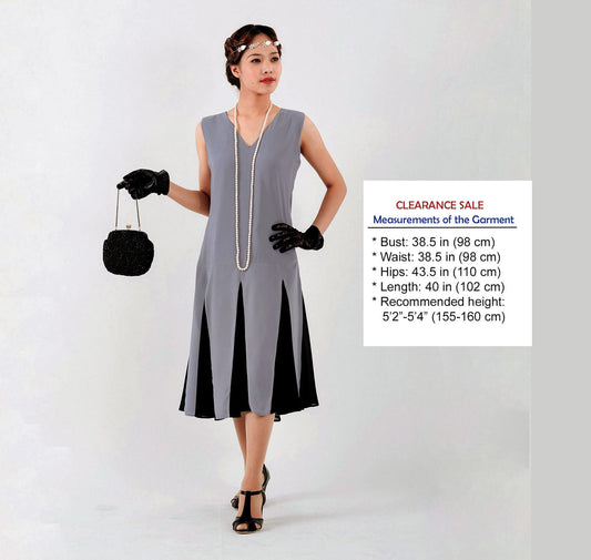 CLEARANCE: Grey 1920s Gatsby Dress with Black Contrast Godets