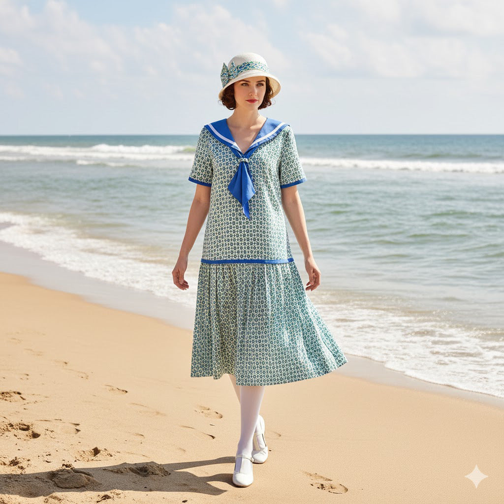 Cotton sailor-style 1920s dress with green and white diamond print