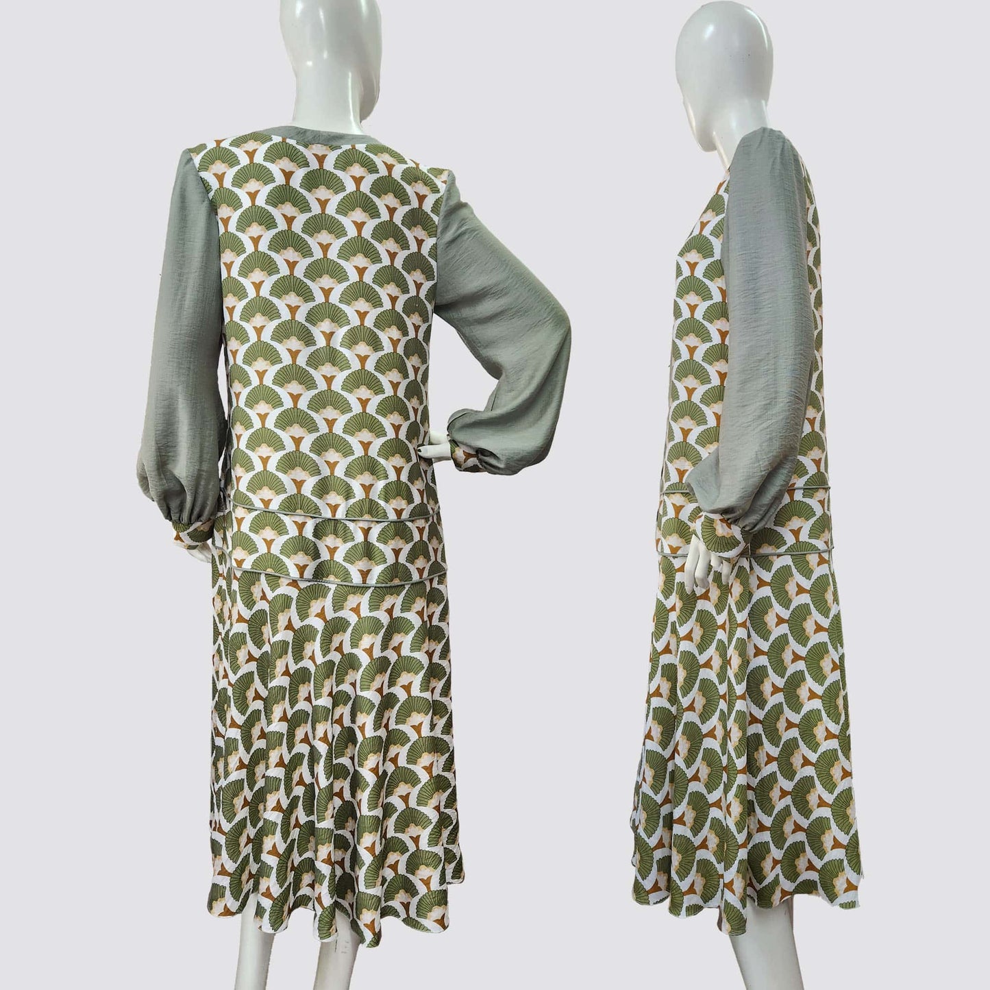 1920s dress with White and Green Rayon Deco Print Dress and Neck Tie