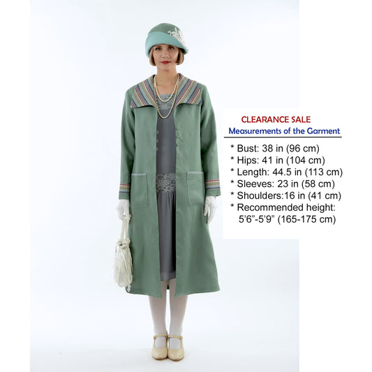 CLEARANCE: Muted green 1920s summer linen coat with striped plaid collar