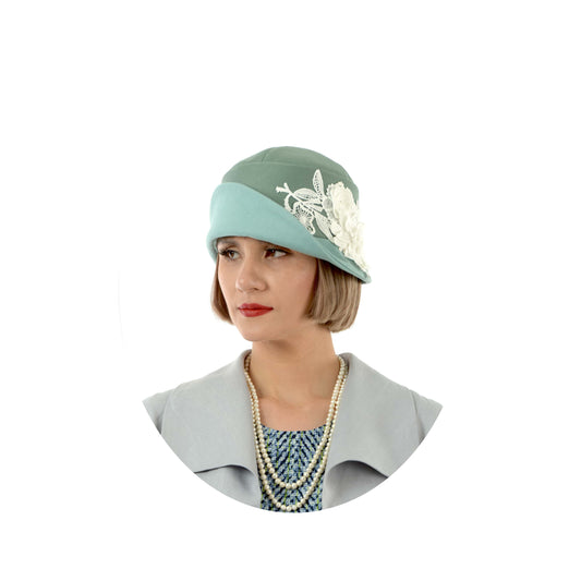 1920s-inspired linen cloche hat in muted green and pastel blue - a roaring twenties hat